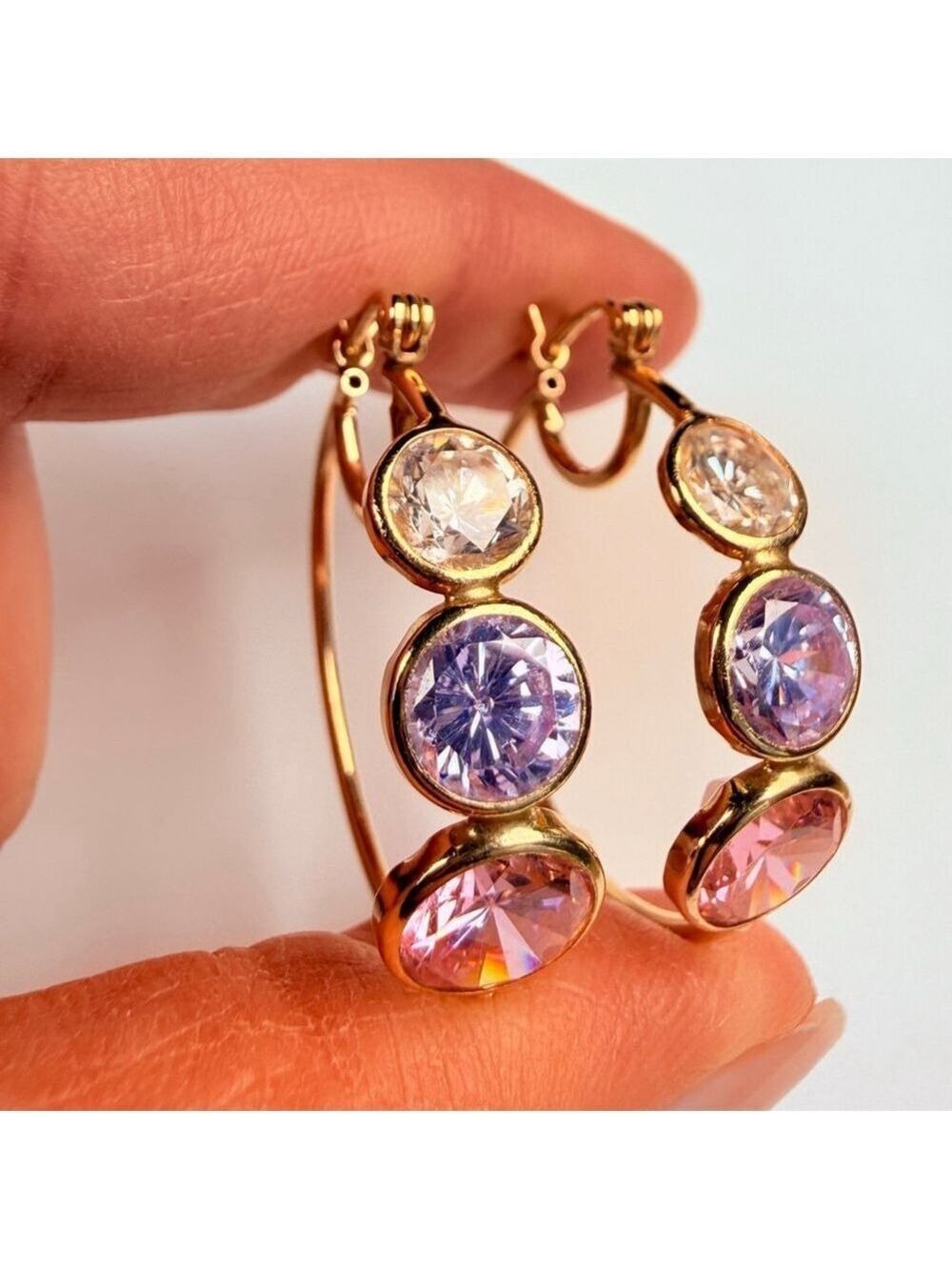 14K Solid Yellow Gold Rock Candy Gemstone Modern Hoop Earrings 28MM - Picture 10 of 13